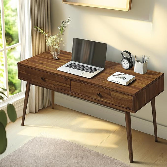 Acacia Lagom 48" Solid Wood Work Desk with Drawers, Home Office Desk Office Furniture, Work Table for Home Office, Scandinavian Style Wood Work Desk for Home Office, Walnut