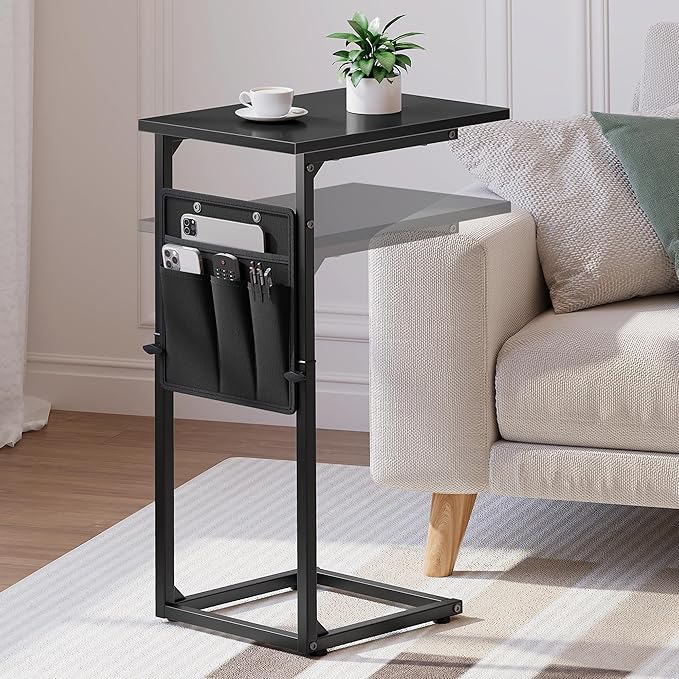 VAGUSICC C Shaped End Table, 33"Tall Side Table for Couch, Adjustable Height Sofa Table Small Couch Side Tables, Laptop Recliner Tables Slide Under Sofa TV Tray Arm Table for Living Room Bedroom,Black