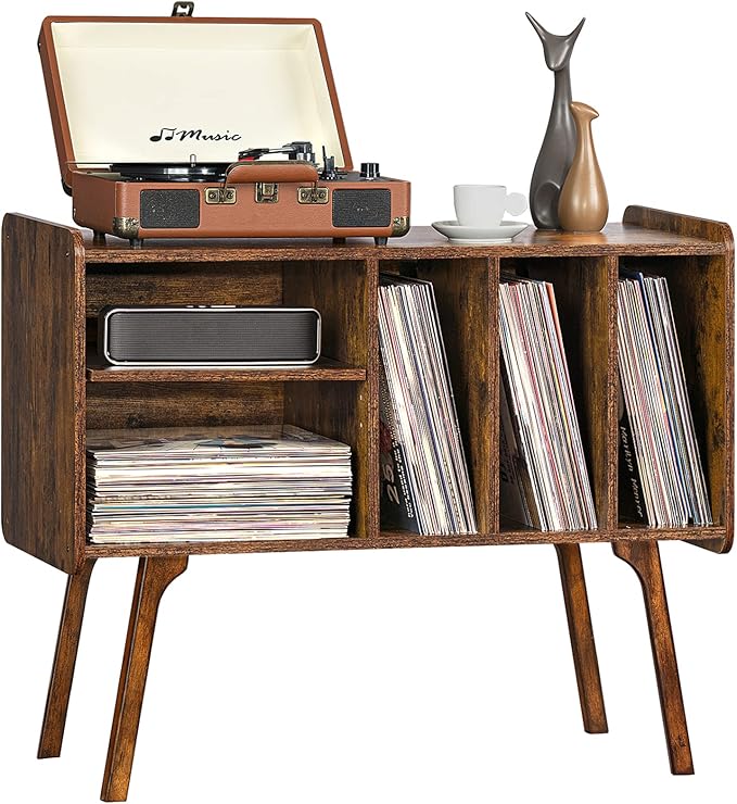 Lerliuo Record Player Stand with 4 Cabinet Holds Up to 220 Albums, Large Turntable Stand with Beech Wood Legs, Mid-Century Record Player Table,Retro Brown Vinyl Holder Storage for Bedroom Living Room