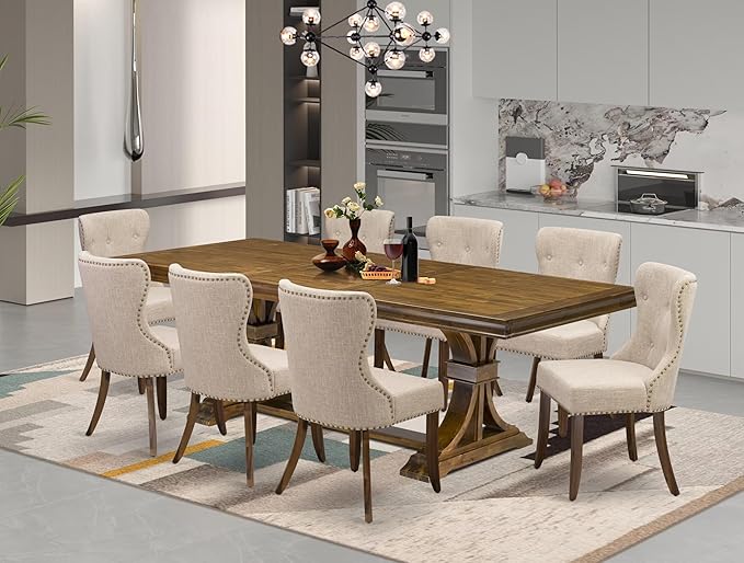 LESI9-AWA-04-9-pc Modern Dining Set Consists of a Dining Table and 8 Light Tan Linen Fabric Mid Century Dining Chairs with Button Tufted Back - Antique Walnut Finish