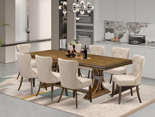 LESI9-AWA-04-9-pc Modern Dining Set Consists of a Dining Table and 8 Light Tan Linen Fabric Mid Century Dining Chairs with Button Tufted Back - Antique Walnut Finish
