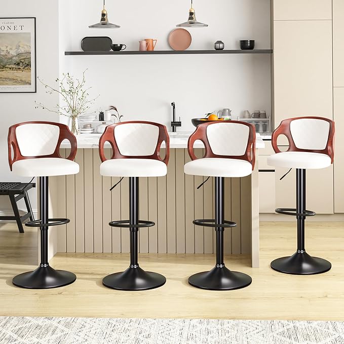 VECELO BarStools Set of 2,Counter Height Stools with Bentwood Back&Arm, Swivel Barstools,PU Leather Kitchen Island Stools, Adjustable Height Bar Chairs for Club Pub Dining Room,Pearl White