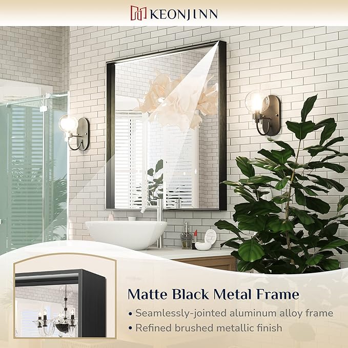 Keonjinn 30x30 Inch Black Bathroom Mirror, Modern Farmhouse Rectangular Wall Mirror with Aluminum Alloy Frame, Horizontal/Vertical Mounting