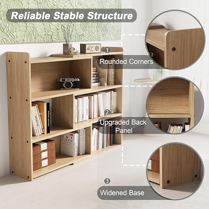 Open Shelf Low Bookcase,Wooden 4-Tier Floor Standing Expandable 25-47 inch Wide Bookcase,with Side Panels Frame for Home and Office