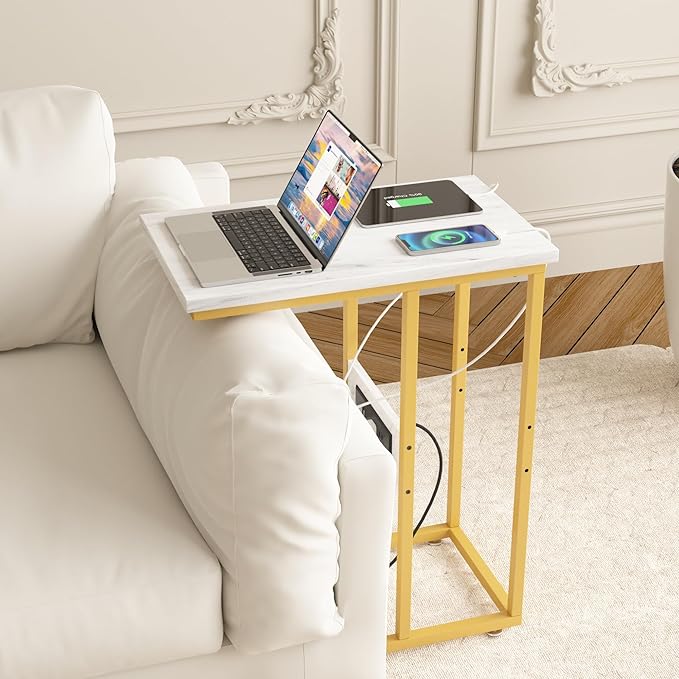 VECELO C Shaped End Side Table with Charging Station & Power Outlets for Couch Sofa/Bed Snack TV Tray with Metal Frame for Living Room Bedroom 1 Set, Gold