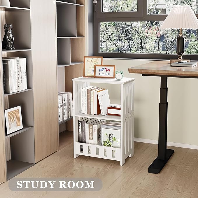 3 Tier Side Table Night Stand, Narrow End Table with Display Shelf, Small Bookcase Bookshelf, Simple Bedside Table Storage Rack for Bedroom, Living Room, Office, Bathroom, White