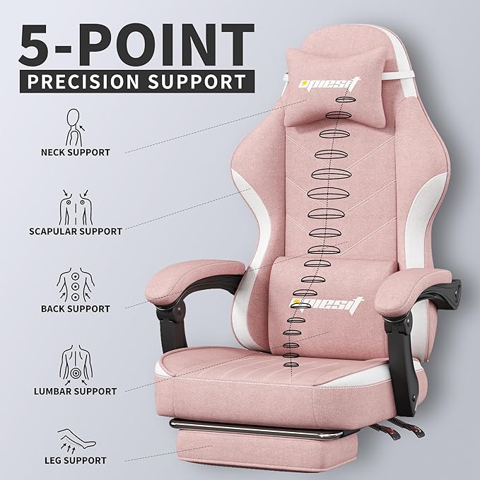 Gaming Chair,Fabric Computer Chair with Pocket Spring Cushion,400 lb Load Capacity,Ergonomic Office Chair with Footrest,Height Adjustable Video Gamer Chair with Lumbar Support (Pink)