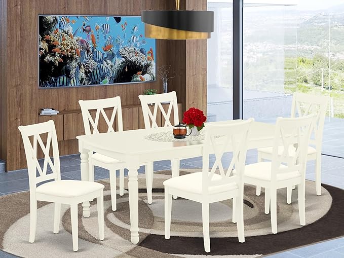 East West Furniture DOCL7-LWH-C 7 Piece Kitchen Table & Chairs Set Consist of a Rectangle Dining Table with Butterfly Leaf and 6 Linen Fabric Dining Room Chairs, 42x78 Inch, Linen White