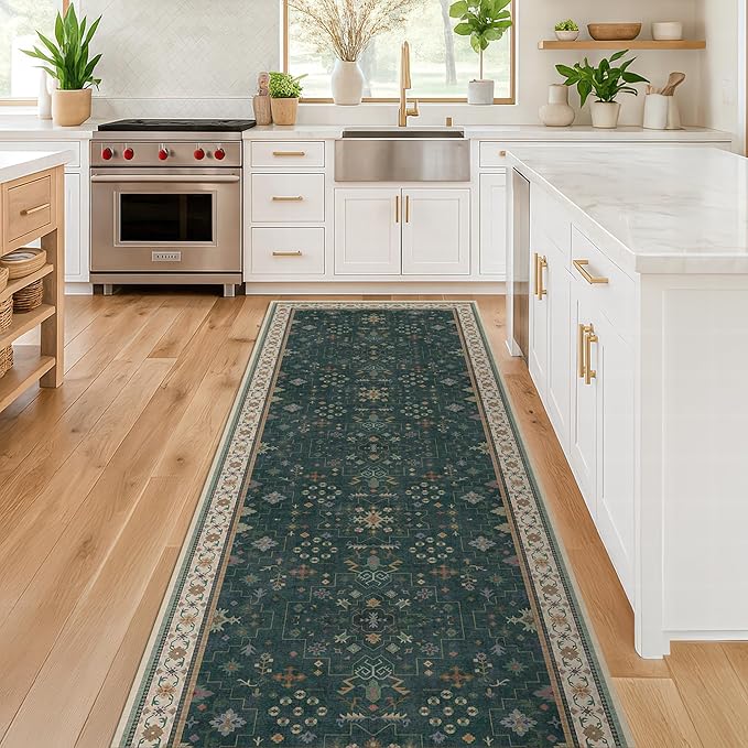 Dark Green 2x6 Kitchen Rug - Modern Vintage Boho Eclectic Floral with Brown Accent, Washable Low Pile Non-Slip Runner Rugs for Bathroom, Door Mat Indoor Entrance, Hallway, Bedroom, Laundry