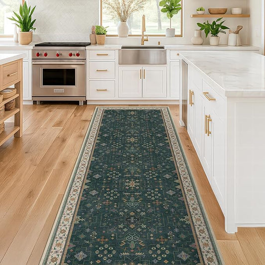 Dark Green 2x6 Kitchen Rug - Modern Vintage Boho Eclectic Floral with Brown Accent, Washable Low Pile Non-Slip Runner Rugs for Bathroom, Door Mat Indoor Entrance, Hallway, Bedroom, Laundry