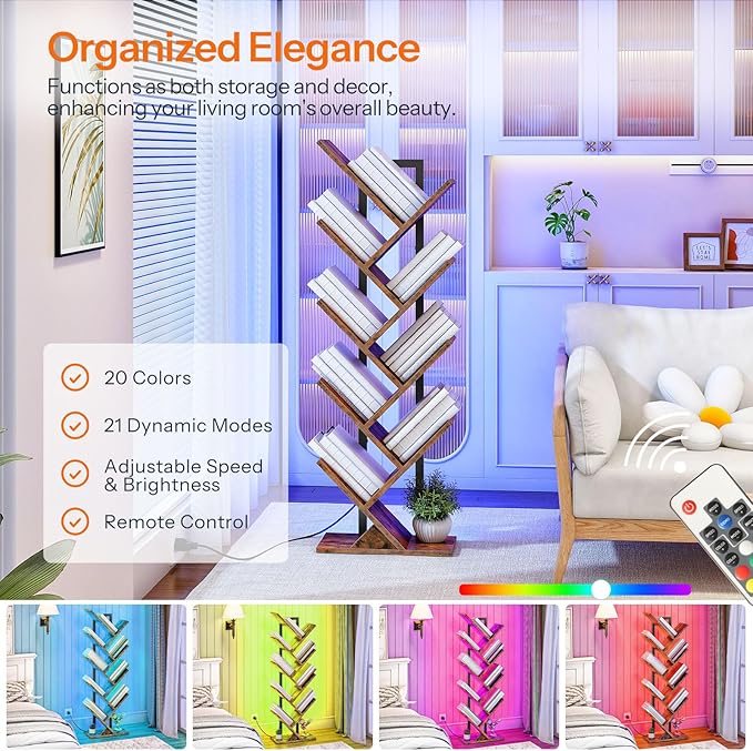 HOOBRO Tree Bookshelf, 9-Tier Tree Bookshelf with Lights, Space-Saving Book Shelf, Holds Books, CDs, Floor Standing Bookcase for Office, Living Room, Bedroom, Rustic Brown and Black BF08DSJ01