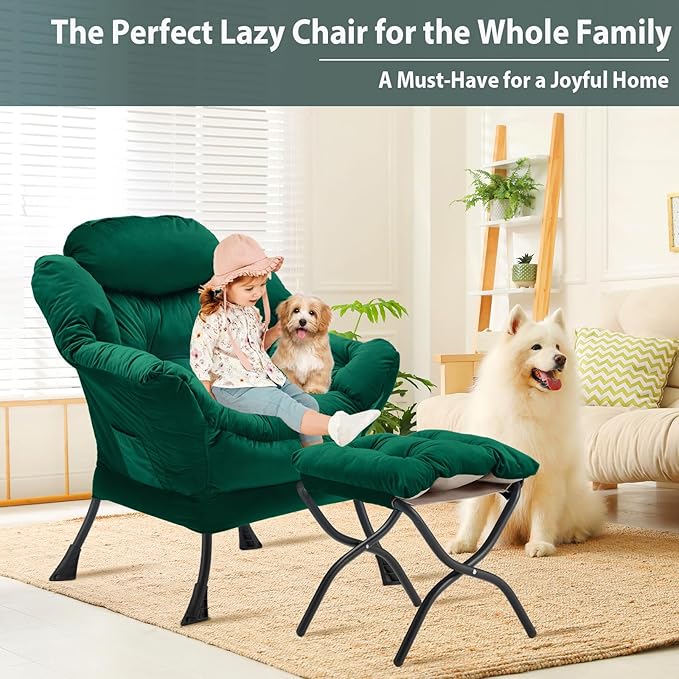Lazy Chair with Folding Ottoman, Accent Chair Velvet Upholstered with Metal Structure and Non-Slip Pads, Sofa Armchair with Footrest and Side Storage Bag for Dorm, Room, Office, Green