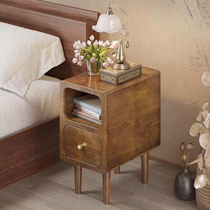 Narrow Nightstand, Solid Wood Night Stand with Drawers, Walnut Mid Century Modern Nightstand, Small Beside Table with Open Storage Shelf for Bedroom (12 inch)