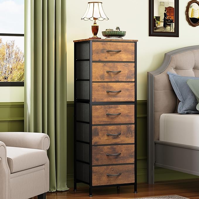 WLIVE Tall Dresser for Bedroom, 7 Drawer Dressers & Chests of Drawers, Fabric Dresser for Closet, Night Stand with Metal Frame, Storage Tower with Fabric Bins, Wood Top, Rustic Brown Wood Grain Print