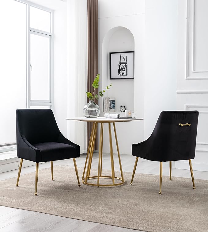 Modern Velvet Dining Chairs Set of 2, Contemporary Upholstered Furniture Collection with Polished Gold Metal Legs, Elegant Accent Chairs for Kitchen Living Room(Black)