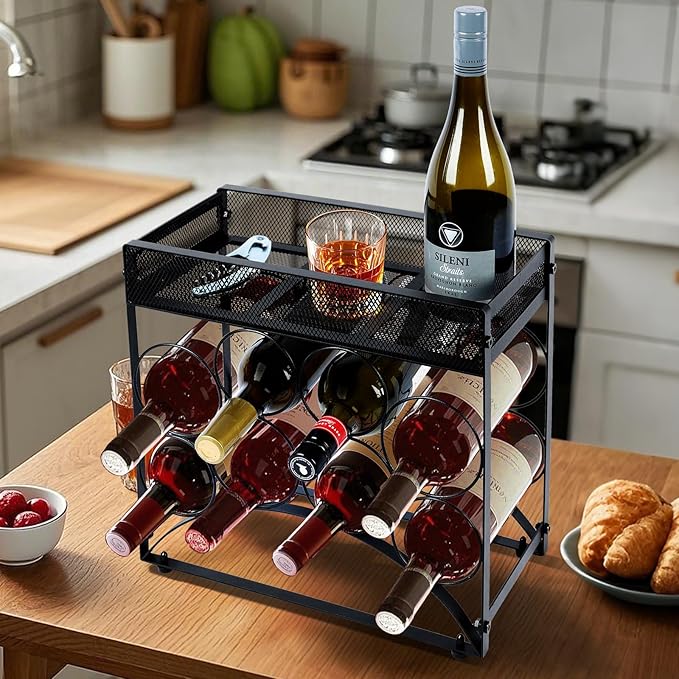 NOBLEMOOD 8 Bottles Countertop Wine Rack, Metal Tabletop Wine Bottles Holder with Top Storage Basket, Small Wine Rack Stand with Tray, Adjustable Feet for Home Kitchen Counter Dining Room