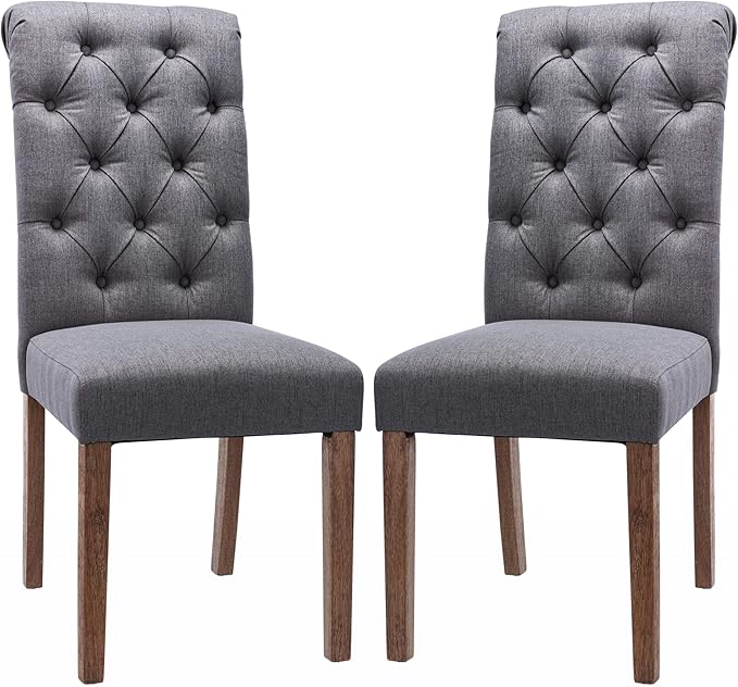 COLAMY Button Tufted Dining Chairs Set of 2, Parsons Upholstered Fabric Dining Room Chairs Kitchen Chairs with Wood Legs and Padded Seat, Dark Grey