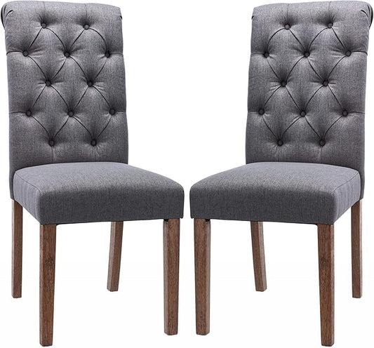 COLAMY Button Tufted Dining Chairs Set of 2, Parsons Upholstered Fabric Dining Room Chairs Kitchen Chairs with Wood Legs and Padded Seat, Dark Grey