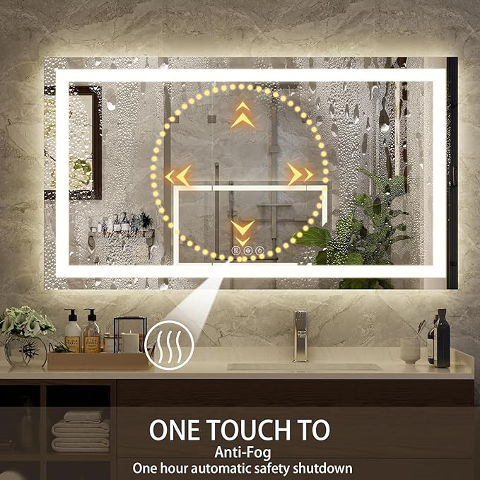 48'' x 32'' LED Bathroom Mirror with Lights, Wall Mirror with Front and Backlight, 3 Colors Vanity Mirror with Lights, Anti-Fog Wall Mirror for Bathroom