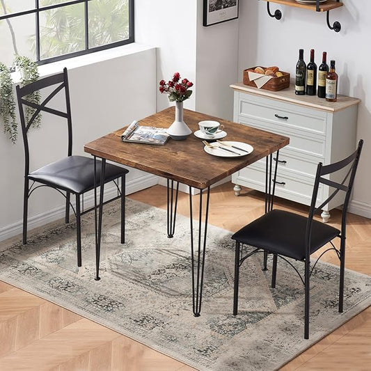 VECELO Kitchen Dining Room Table Set with 2 Chairs for Small Space, Apartment,Metal Steel Frame