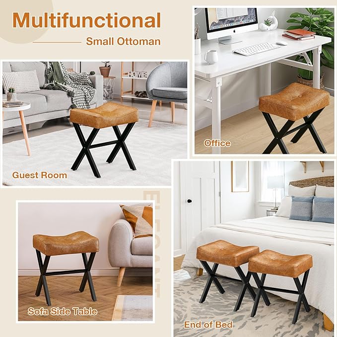 18-Inch Leather Vanity Stool Chair, Vanity Bench with Metal X-Leg, Ottoman Foot Stool with Thick Padded Saddle Seat, Brown