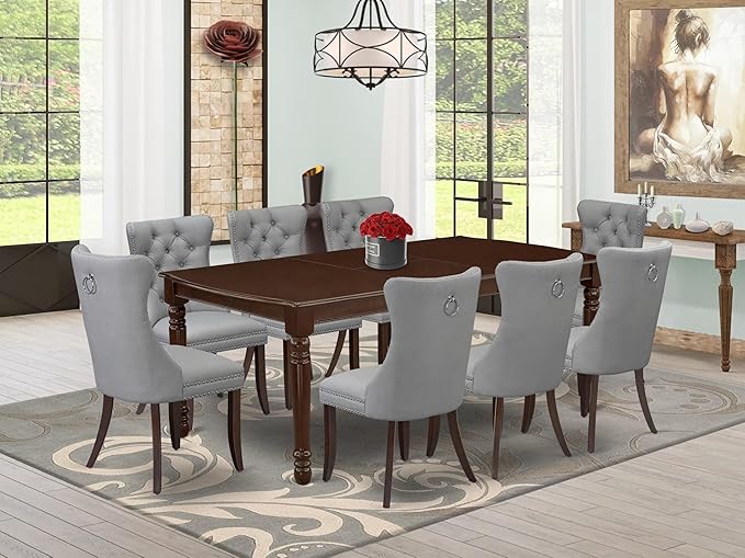 East West Furniture DODA9-MAH-27 9 Piece Dining Set Includes a Rectangle Kitchen Table with Butterfly Leaf and 8 Polyester Fabric Upholstered Chairs, 42x78 Inch, Mahogany