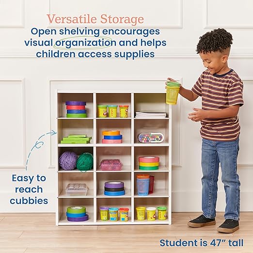 ECR4Kids Streamline 15 Cubby Tray Storage Cabinet, 5x3, Classroom Furniture, White Wash