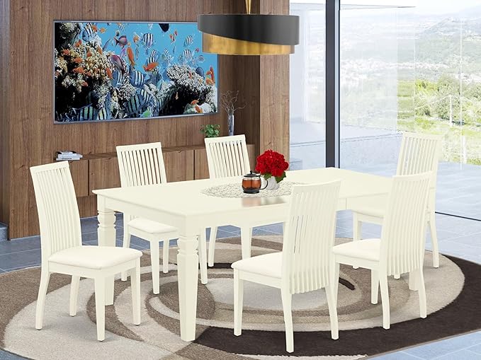 East West Furniture LGIP7-LWH-C 7 Piece Dinette Set Consist of a Rectangle Dining Room Table with Butterfly Leaf and 6 Linen Fabric Upholstered Dining Chairs, 42x84 Inch, Linen White