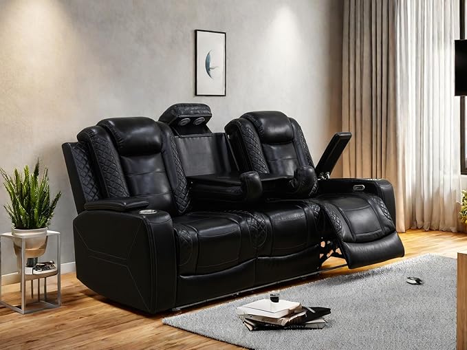 Leather Recliner Sofa Couch, 3-Seater Home Theater Seating Reclining Sofa, Power Reclining Couch with Cup Holders & Drop Down Table for Living Room Furniture Sets, Black