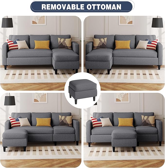 Small Sectional Sofa Couch, 3 Seat L Shaped Couches with Ottoman, Upholstered Fabric Convertible Sofa, Small Couch for Apartments, Living Room and Office (Dark Grey)