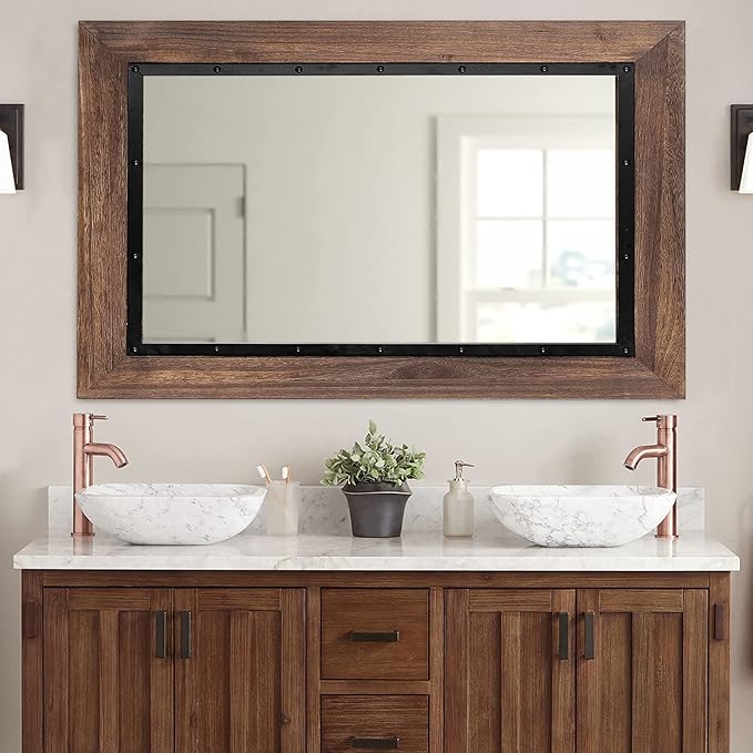 YOSHOOT Rustic Wooden Framed Wall Mirror, 40"x26", Natural Wood and Iron Bathroom Vanity Mirror for Farmhouse Decor, Vertical or Horizontal Hanging