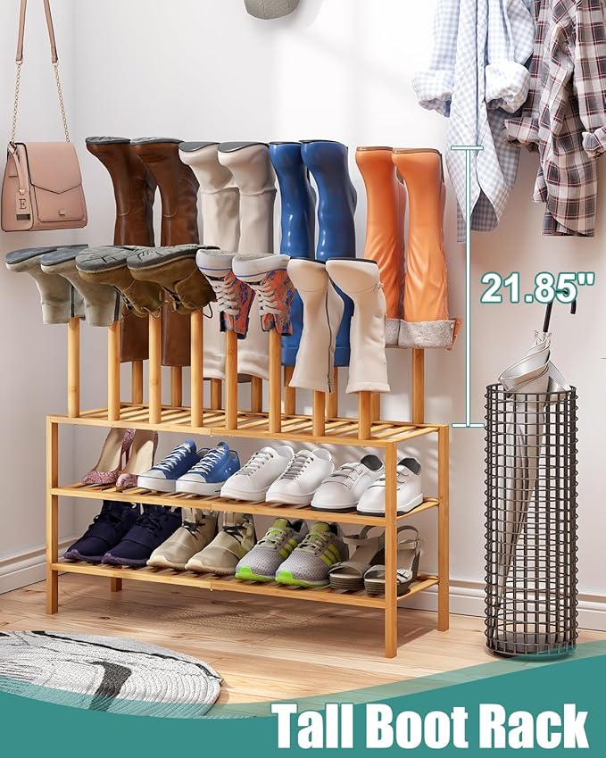Boot Rack with Shoe Rack, Long Boot Rack Organizer Tall Boots for Closet, Bamboo Wood Shoe Shelf Storage Organizer for Entryway Small Space