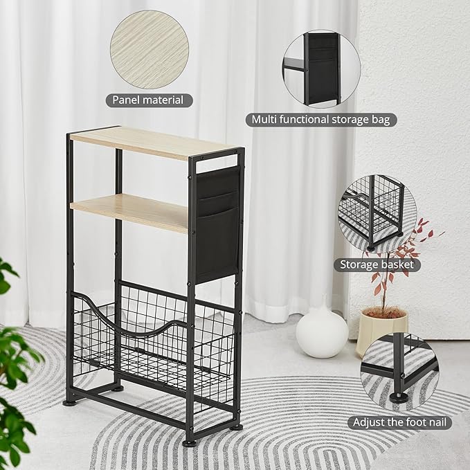 Narrow Side Table, Skinny Small End Tables with Magazine Holder, 3 Tier Small Sofa Side Table for Smalls Spaces, Sofa Couch Tables Bedside Table for Living Room Bedroom Office