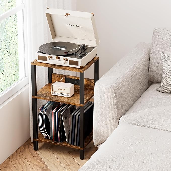 TUTOTAK Record Player Stand with Storage Up to 100 Albums，Record Storage Table,3 Tier End Table with Charging Station,Side Table for Living Room, Bedroom, Brown TB01BB076
