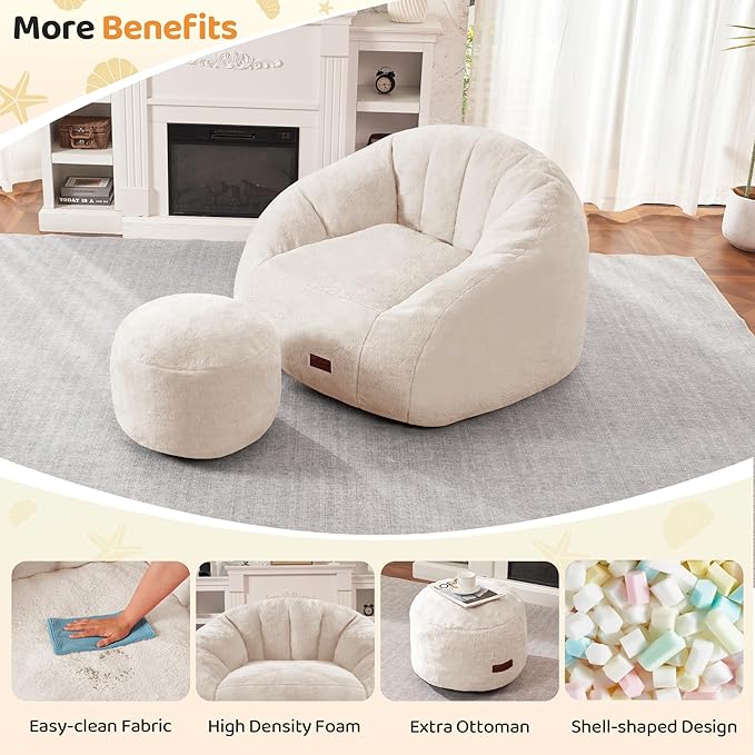HABUTWAY Bean Bag Chair, Giant Bean Bag Chairs for Adults with Ottoman, Comfy Faux Fur Shell-Shaped Bean Bag Couch, Sofa Chair for Living Room, Bedroom, White