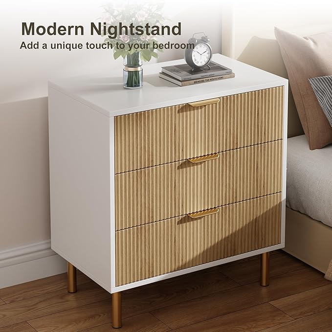 GarveeHome Natural Dresser, Modern 3 Drawer Dresser for Bedroom with Gold Handle and Large Drawer, Wood Double Chest of Drawers and Storage Organizer for Living Room, Hallway, Entryway