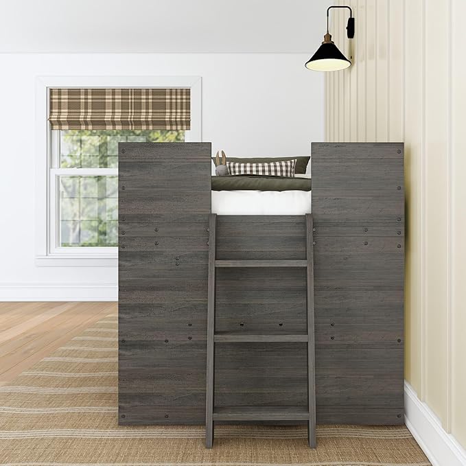 Max & Lily Modern Farmhouse Twin Low Loft Bed with Bookcase - Solid Wood, 15” Guardrails, 400-lb Capacity, Low-VOC Finish, Driftwood