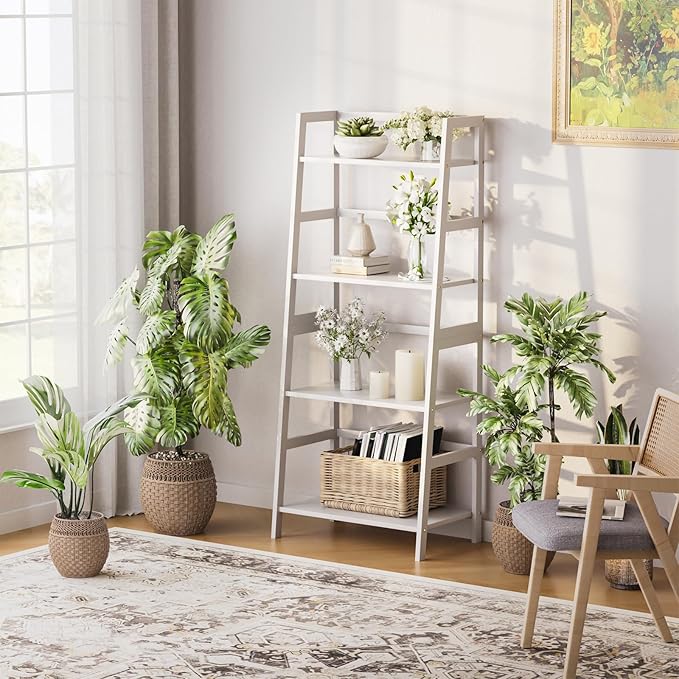 HITNET Ladder Shelf, 4 Tier Bookshelf, Floor Standing Bathroom Storage Rack with Bamboo Frame, Home Office Open Display Bookcase, White