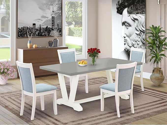 East West Furniture V097MZ015-5 5 Piece Kitchen Table Set for 4 Includes a Rectangle Dining Table with V-Legs and 4 Baby Blue Linen Fabric Parson Dining Chairs, 40x72 Inch, Multi-Color