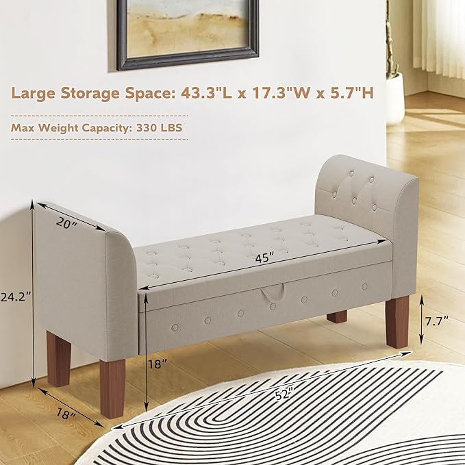 Awonde Upholstered Storage Bench with Arms Ottoman Bench for Bedroom Entryway Living Room Khaki