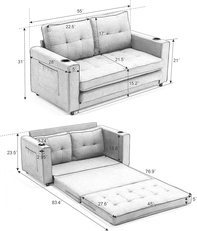 ERYE 3 Fold Tufted Upholstered Futon Sofa Bed Modern Convertible Foldable Floor Loveseat Sofabed with Pull Out Sleeper Couch Daybed W/Cupholders and Pockets for Living Room