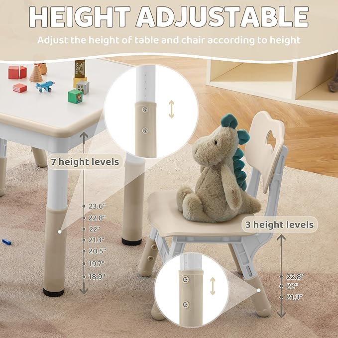 Adjustable Kids Table & Chairs Set for Ages 3-8 | 31.5"x23.6" Easy-Clean Activity Table | Meets ASTM/CPSC Standards for Daycare, Homeschool & Playroom (Natural-Wood, 2 Chairs)