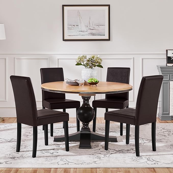 Yaheetech Dining Chairs Set of 4 PU Leather Dining Room Chairs with Waterproof Surface and Wood Legs for Kitchen Restaurant and Living Room, Dark Brown