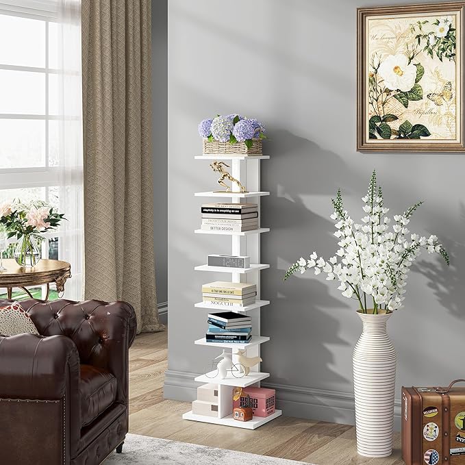 TUTOTAK Narrow Bookshelf, 8-Tier Bookcase, Spine Book Shelf for Small Space, Corner Standing Shelf for Living Room, Office, Study, Entryway, White BS06BW008
