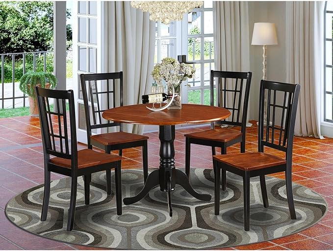 East West Furniture DLNI5-BCH-W 5 Piece Modern Dining Table Set Includes a Round Wooden Table with Dropleaf and 4 Dining Chairs, 42x42 Inch, Black & Cherry