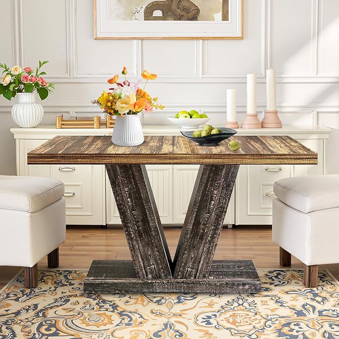 Dining Table for 4-6, 47" Farmhouse Dinner Table with with Wooden Tabletop and Heavy Duty Pedestal Wooden Rectangular Kitchen Tables for Dining Room, Kitchen, Living Room, Brown & Black