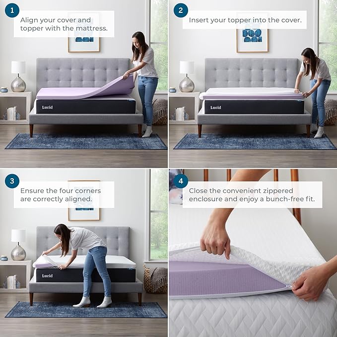 LUCID 2 Inch Lavender Infused Memory Foam Mattress Topper and LUCID Zippered Enclosure Mattress Topper Cover, Full