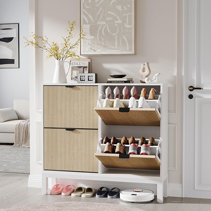 GarveeHome Fluted Shoe Storage Cabinet with 4 Flip Drawers, Narrow Wooden Shoe Organizer with Metal Legs, Modern Farmhouse Hidden Shoe Rack for Entryway, Hallway, White+Oak