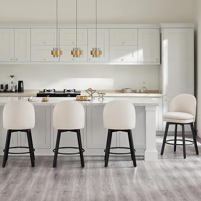 Counter Height Barstools 26 inch Upholstered Swivel Bar Stools with Back and Wood Legs for Kitchen Island,Set of 2,Beige Fabric-Armless