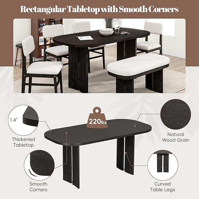 Merax Farmhouse Wooden Dining Set of 6, 65 Inch Rectangular Kitchen Table, Upholstered 4 Chairs with Backrest, Bench with Cushion, Easy Assemble, Espresso